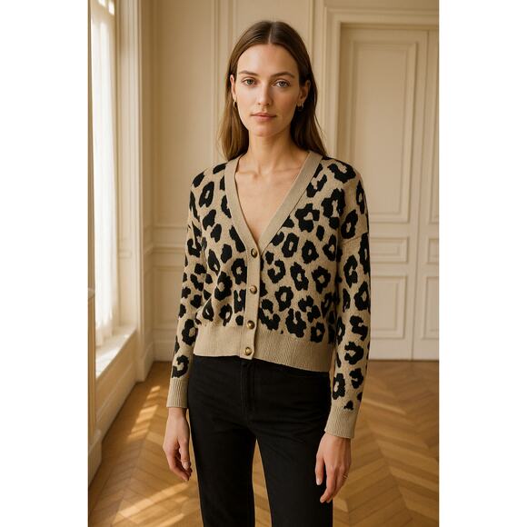 Anthropologie Sanctuary Leopard Print Cropped Cardigan XS Animal Tan Black - Picture 2 of 11
